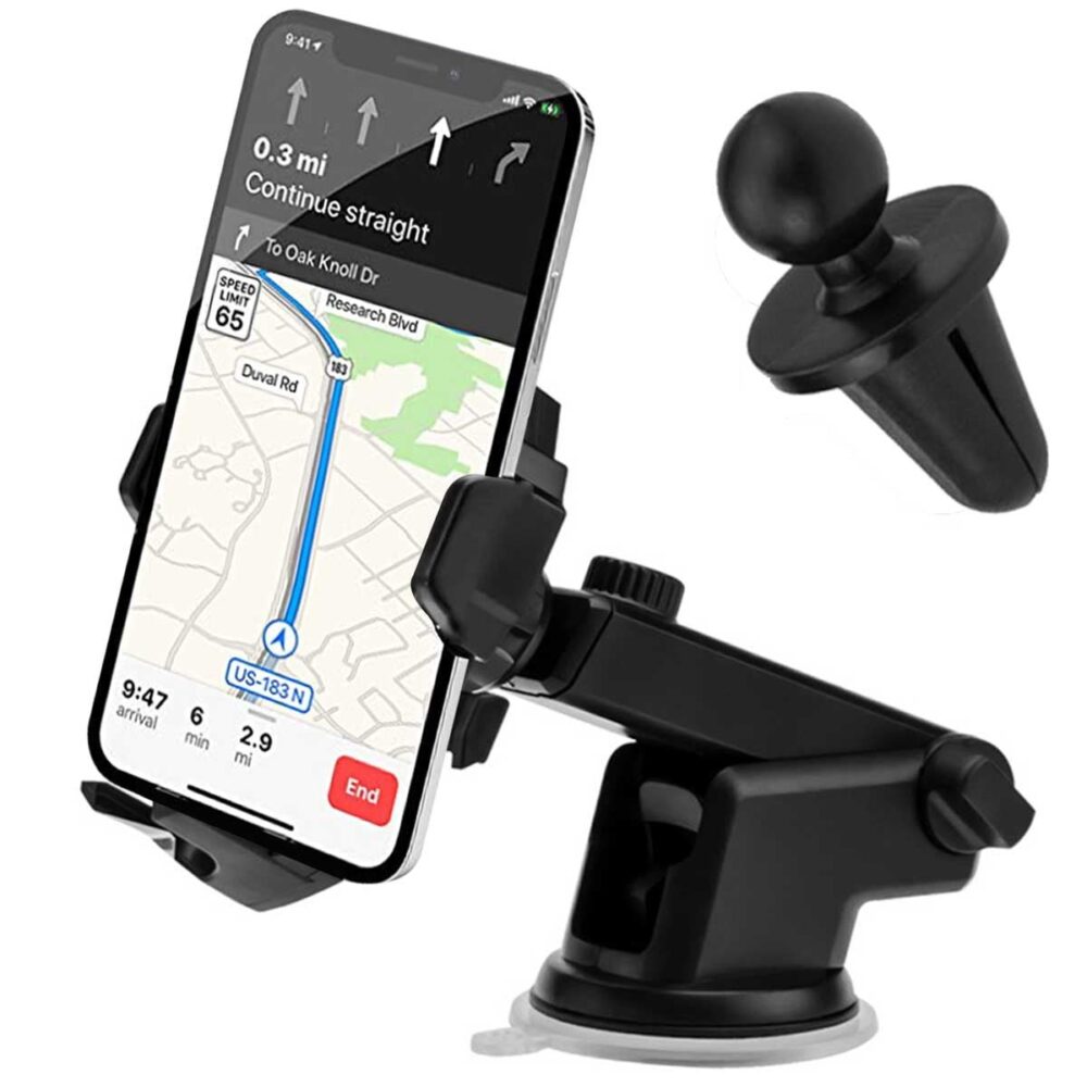 Enhanced Universal Car Phone Mount with Super Suction and Stable Triangular Arms, Adjustable Long Arm Suction Cup Holder for All Smartphones, Dashboard and Windshield Mount