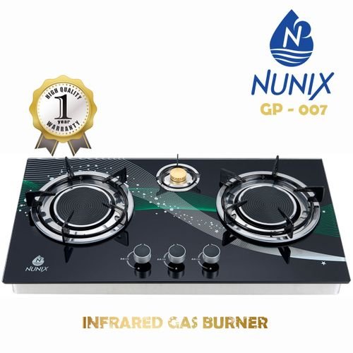 Nunix Infrared Energy Gas Saving Three Burner Tampered Glass Top