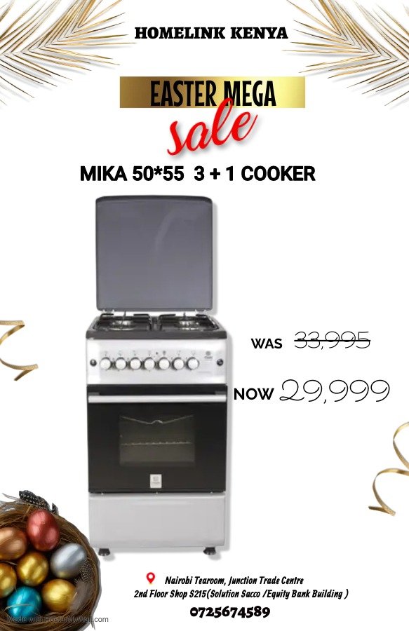 Mika Standing Cooker, 50cm X 55cm, 3 Gas Burners, 1 RAPID Hot Plate (MST55PI31SL/HC)