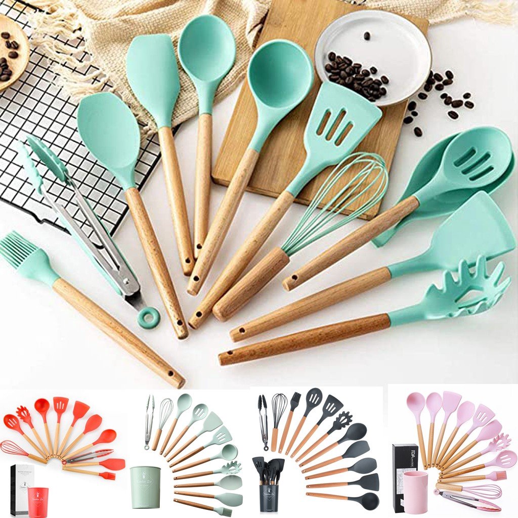 11 piece kitchen silicon spoons with holder,Tier holder