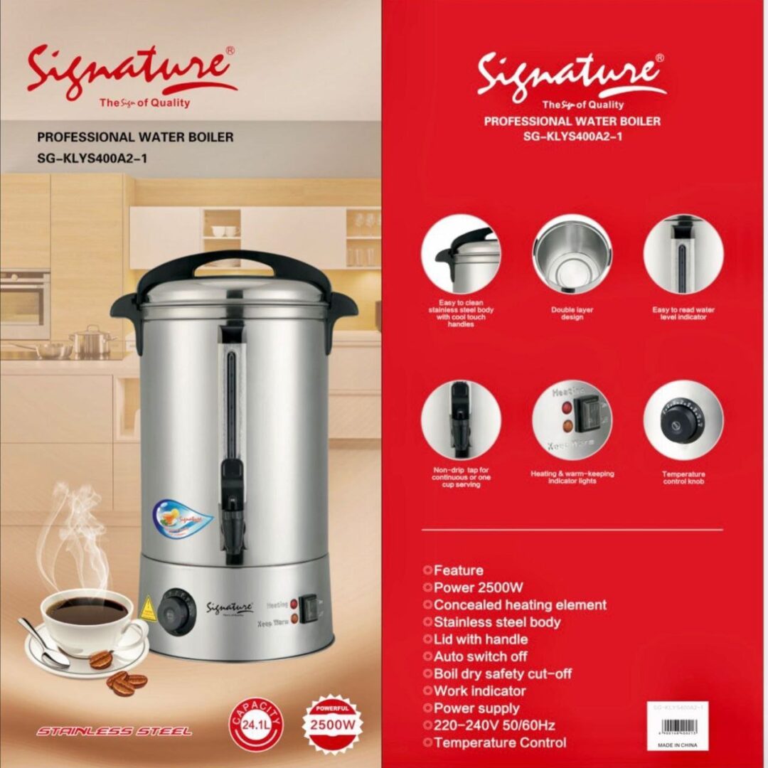 Signature 24.1 Ltr Electric Water Tea Boiler Heavy duty, Stainless Steel, Professional uses SG-KLYS400A2-1 (2500W)