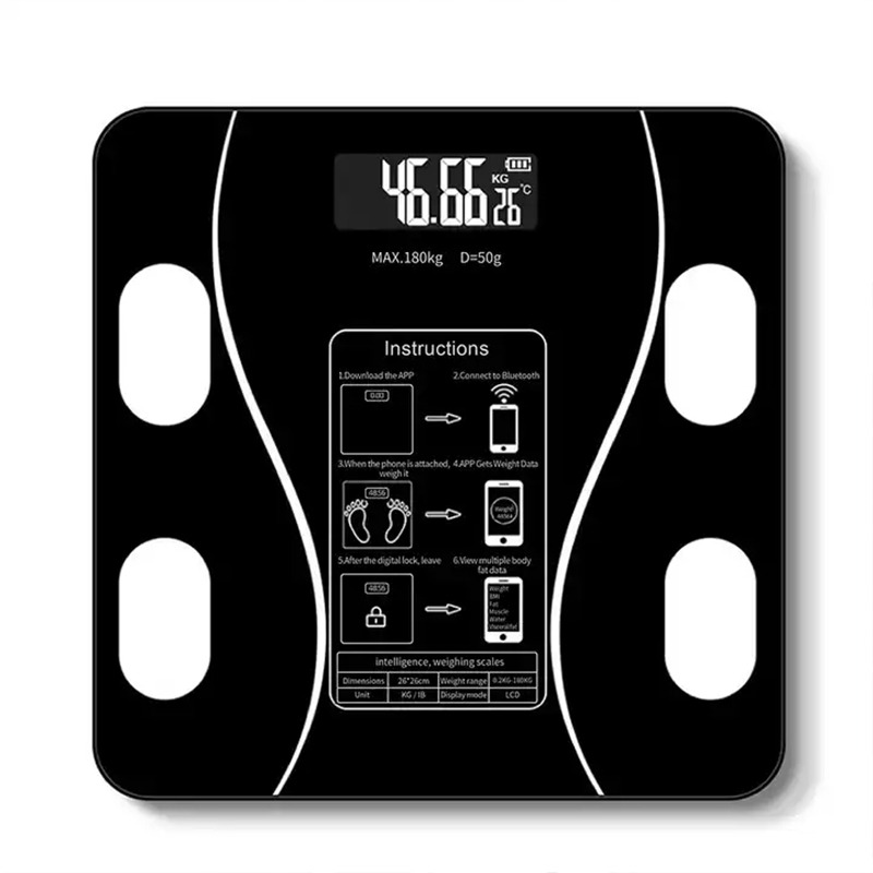 Smart digital body fat scale with BMI tracking, Bluetooth app connectivity, and LED display for accurate body measurements.