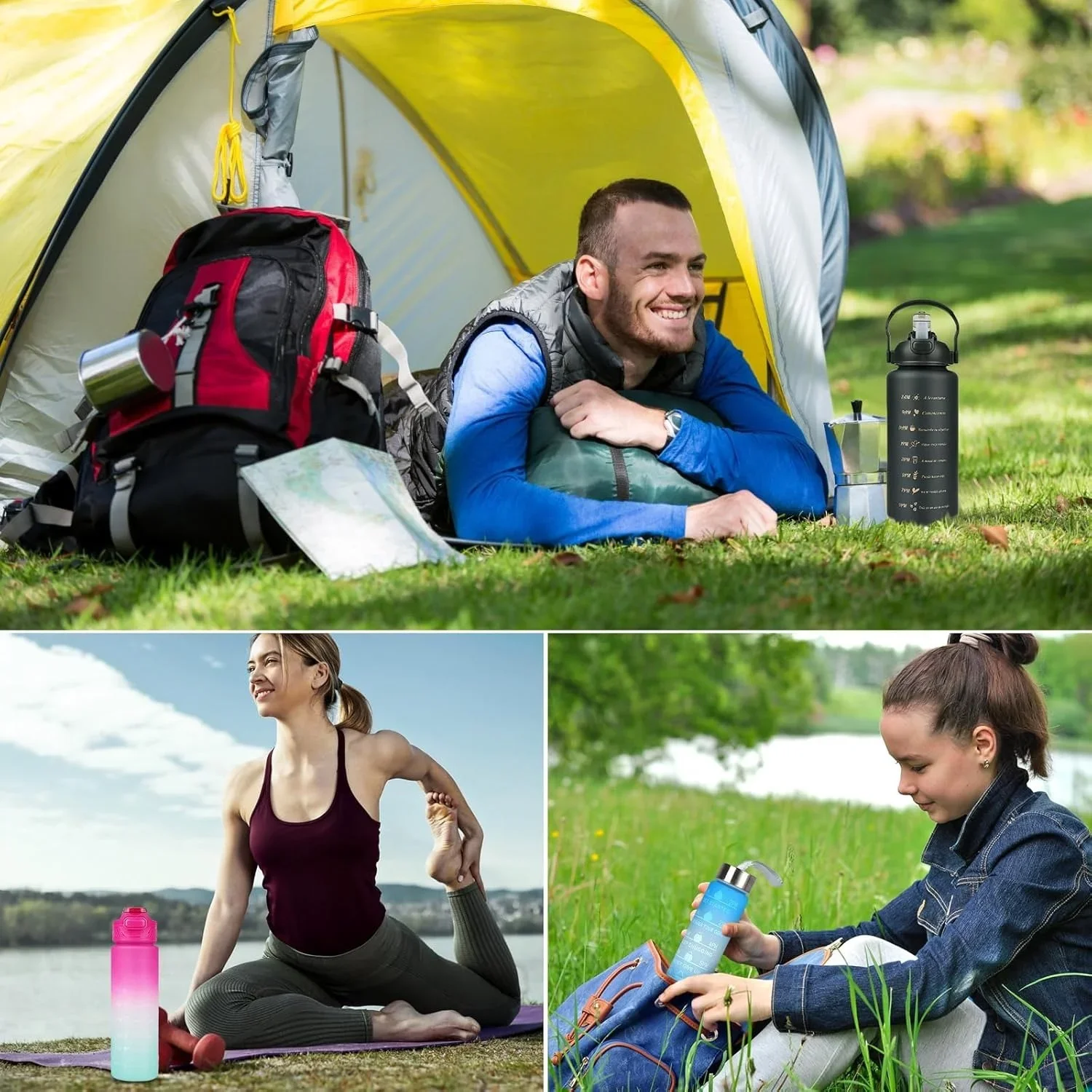 Alternative view of 3pcs Sport Water Bottles With Time Marking Motivational Water Bottles 2L+900ml+500ml, Leak Proof Gym Drinking Bottle BPA Free Water Bottle With Straw For Women Men (Black)