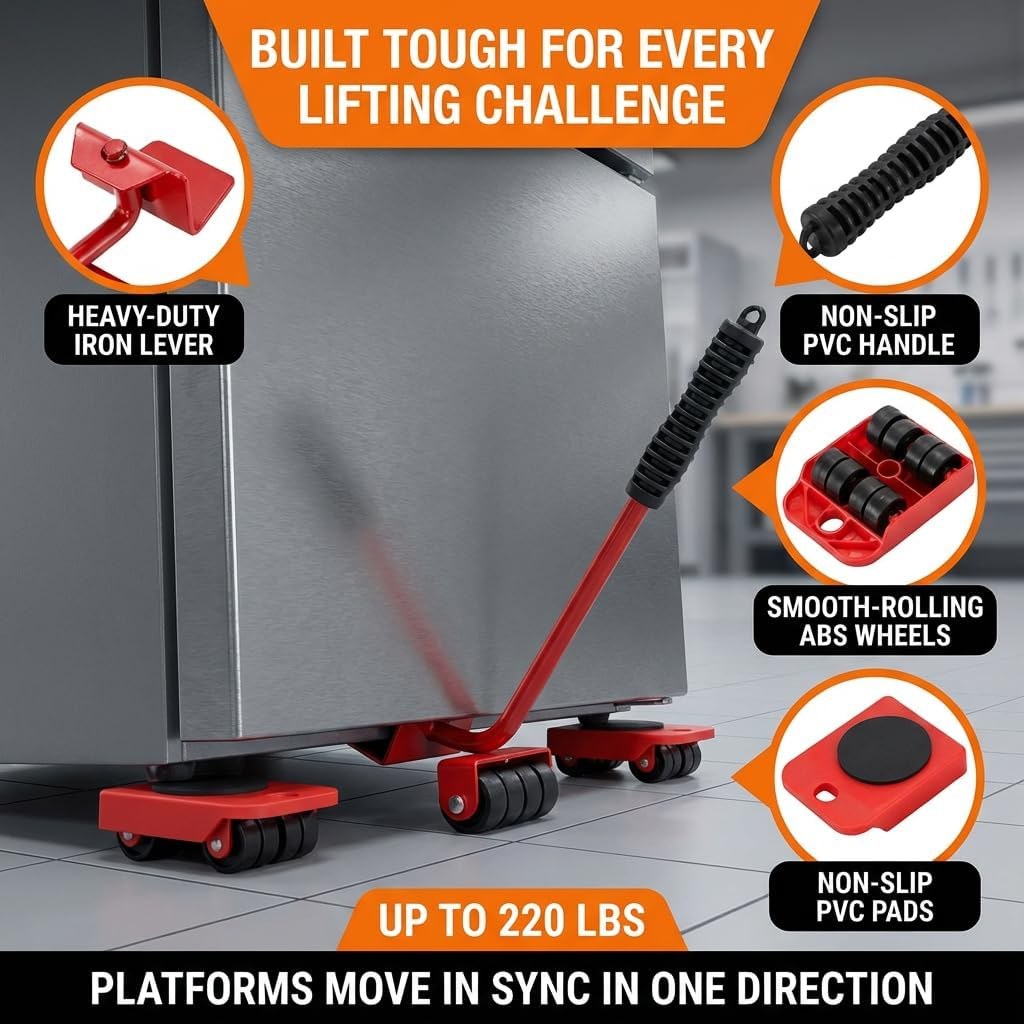 Furniture Lift Tool Set, Upgrade Furniture Movers Sliders Furniture Lifter Tool,Furniture Movers with Adjustable Height Lifting Tool Lever & 4 Wheels, Mover Dolly Sliders Tool (Red) - Image 6