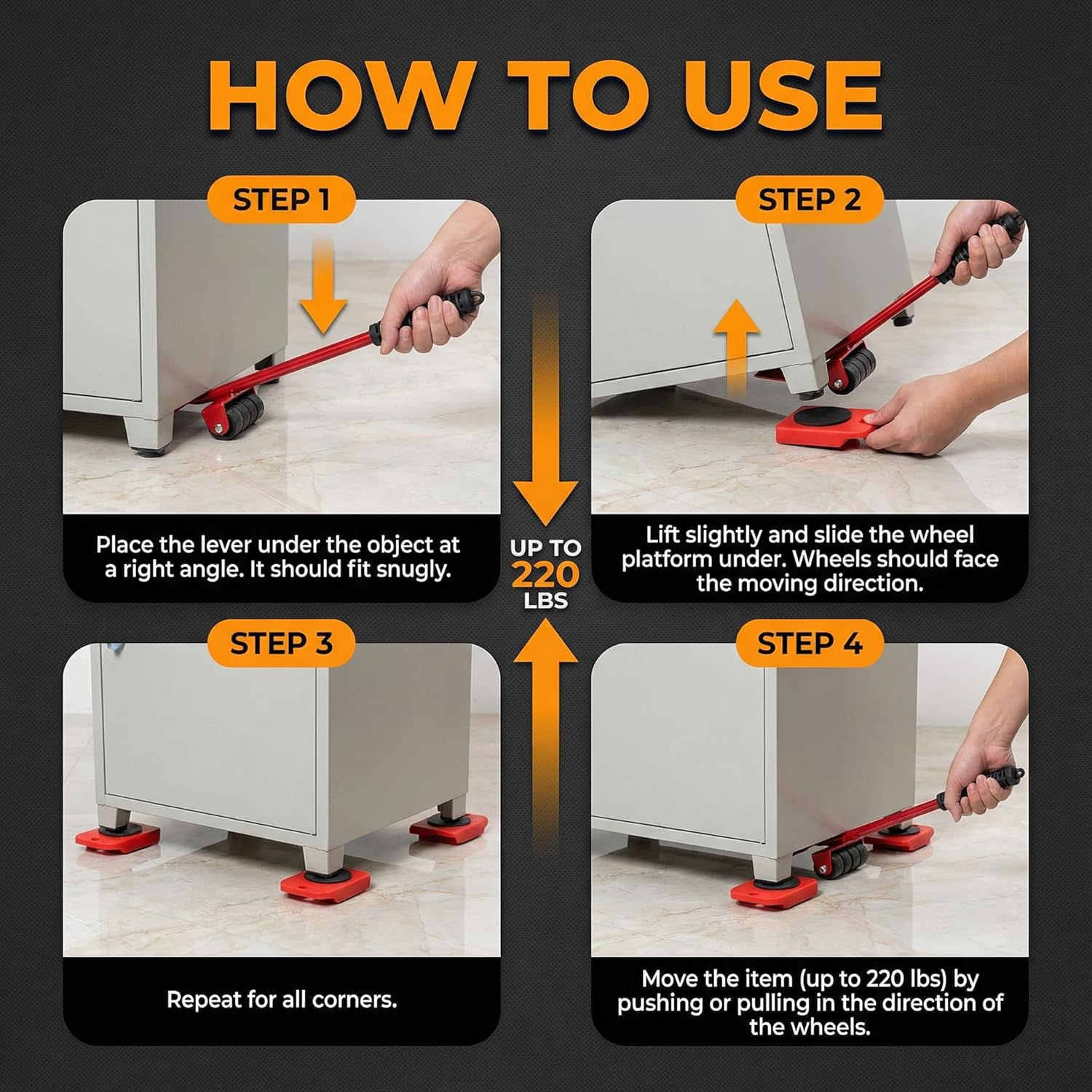 Furniture Lift Tool Set, Upgrade Furniture Movers Sliders Furniture Lifter Tool,Furniture Movers with Adjustable Height Lifting Tool Lever & 4 Wheels, Mover Dolly Sliders Tool (Red) - Image 3