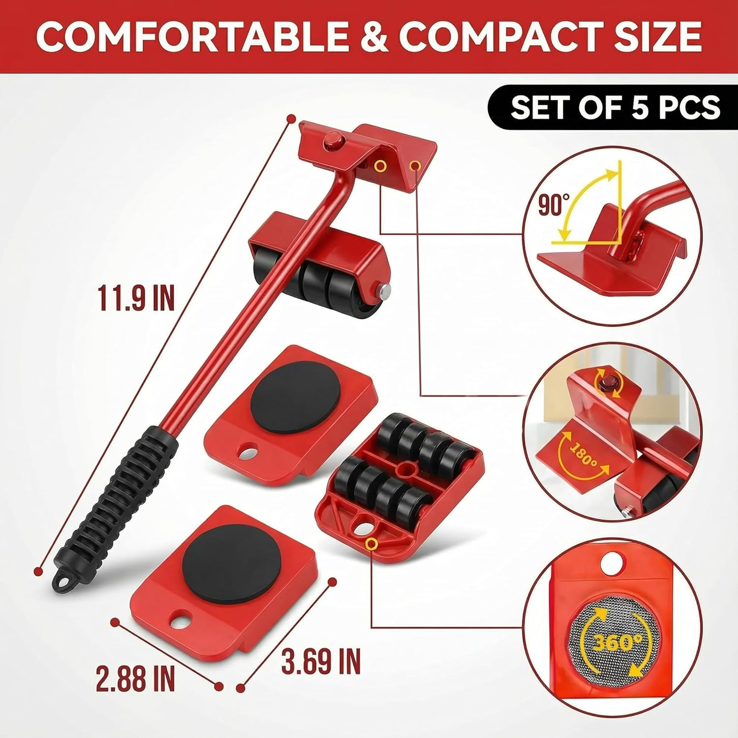 Alternative view of Furniture Lift Tool Set, Upgrade Furniture Movers Sliders Furniture Lifter Tool,Furniture Movers with Adjustable Height Lifting Tool Lever & 4 Wheels, Mover Dolly Sliders Tool (Red)