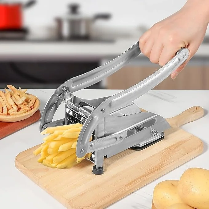 Stainless Steel Potato Slicer & French Fry Cutter – 2 Blades (1/2″ & 1/3″) for Homemade Fries, Non-Slip Suction Base, Easy Chip & Sweet Potato Maker